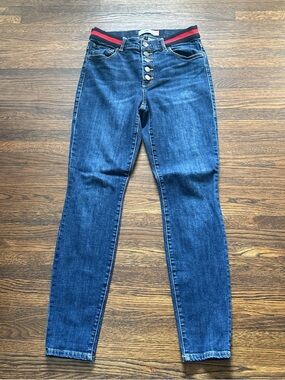 CAbi Dark Blue Skinny Jeans with Red-Trim Waistband